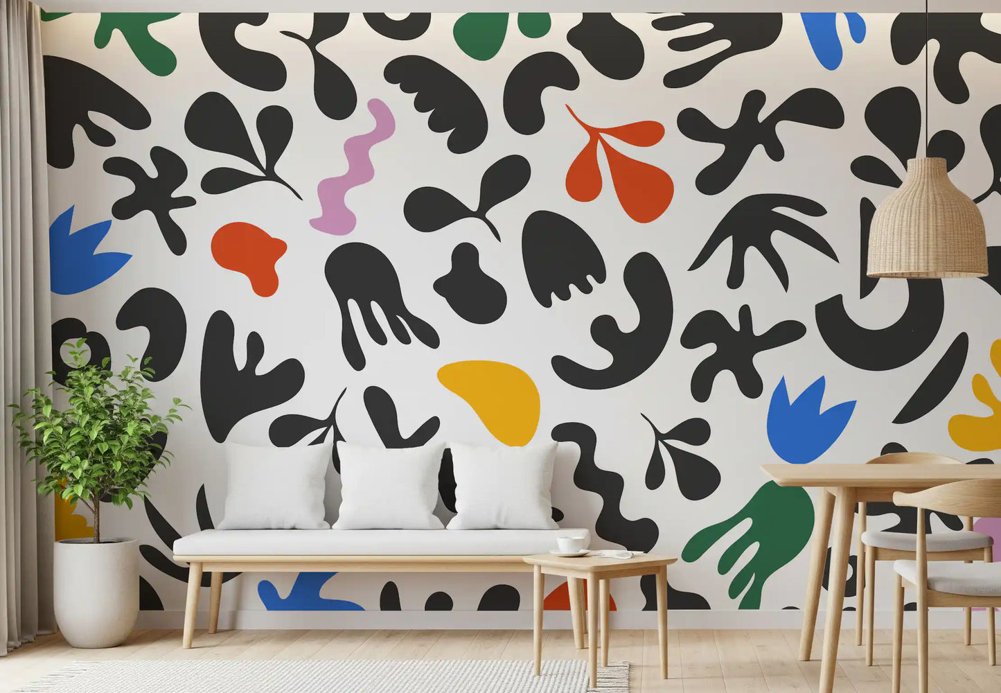 Dining room wall showing Dynamic Shapes mural with colourful modern cutouts
