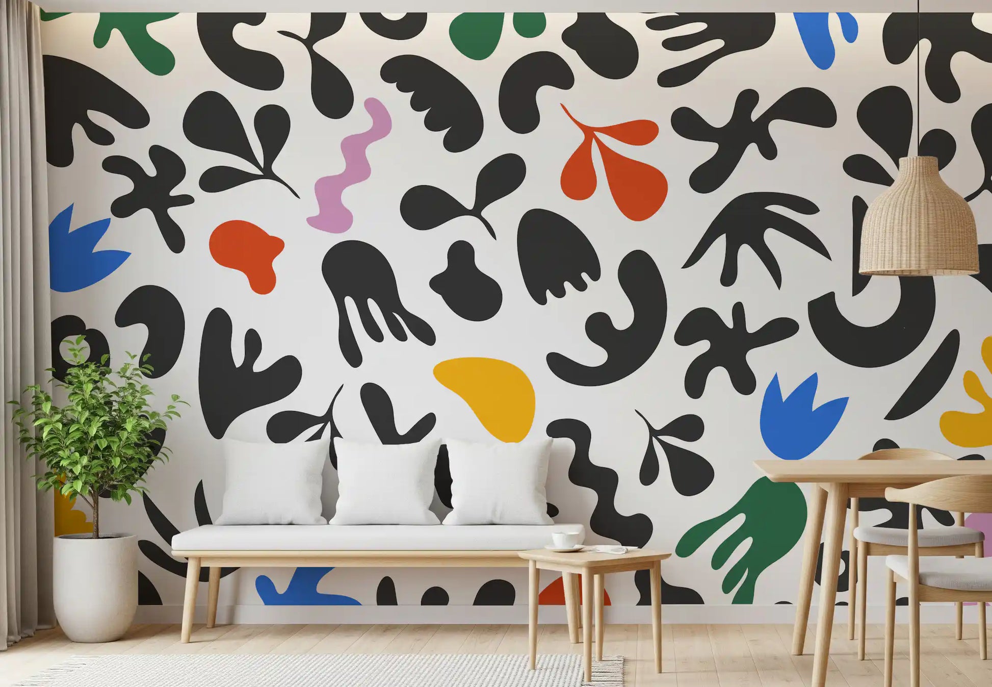 Dining room wall showing Dynamic Shapes mural with colourful modern cutouts