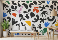 Dining room wall showing Dynamic Shapes mural with colourful modern cutouts