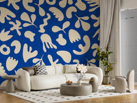 Graphic blue statement wall with Blue Organic mural pattern design