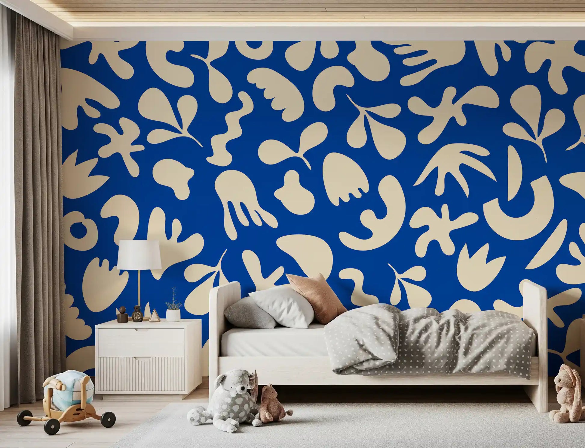 Bedroom wall styled in Organic Flow Mural with bold blue modern pattern