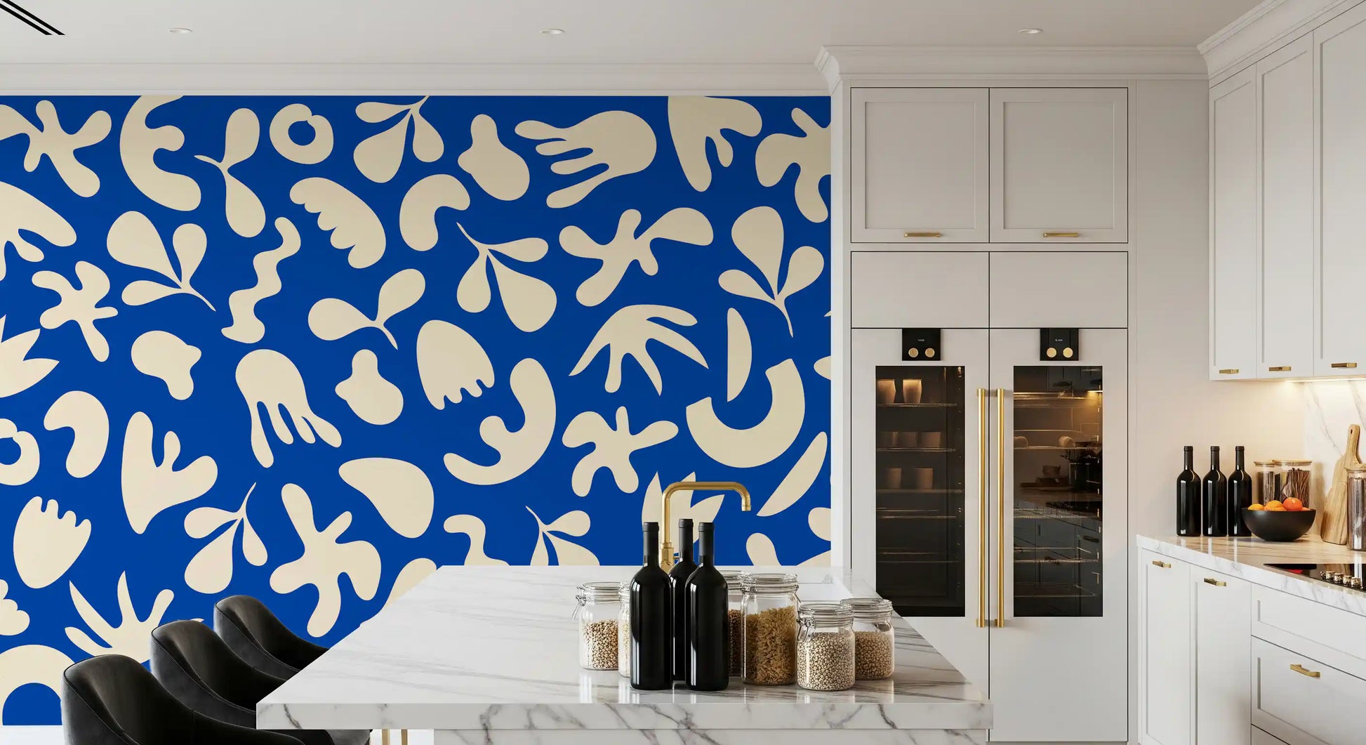Rich blue background with cream shapes in Blue Organic Flow wall mural