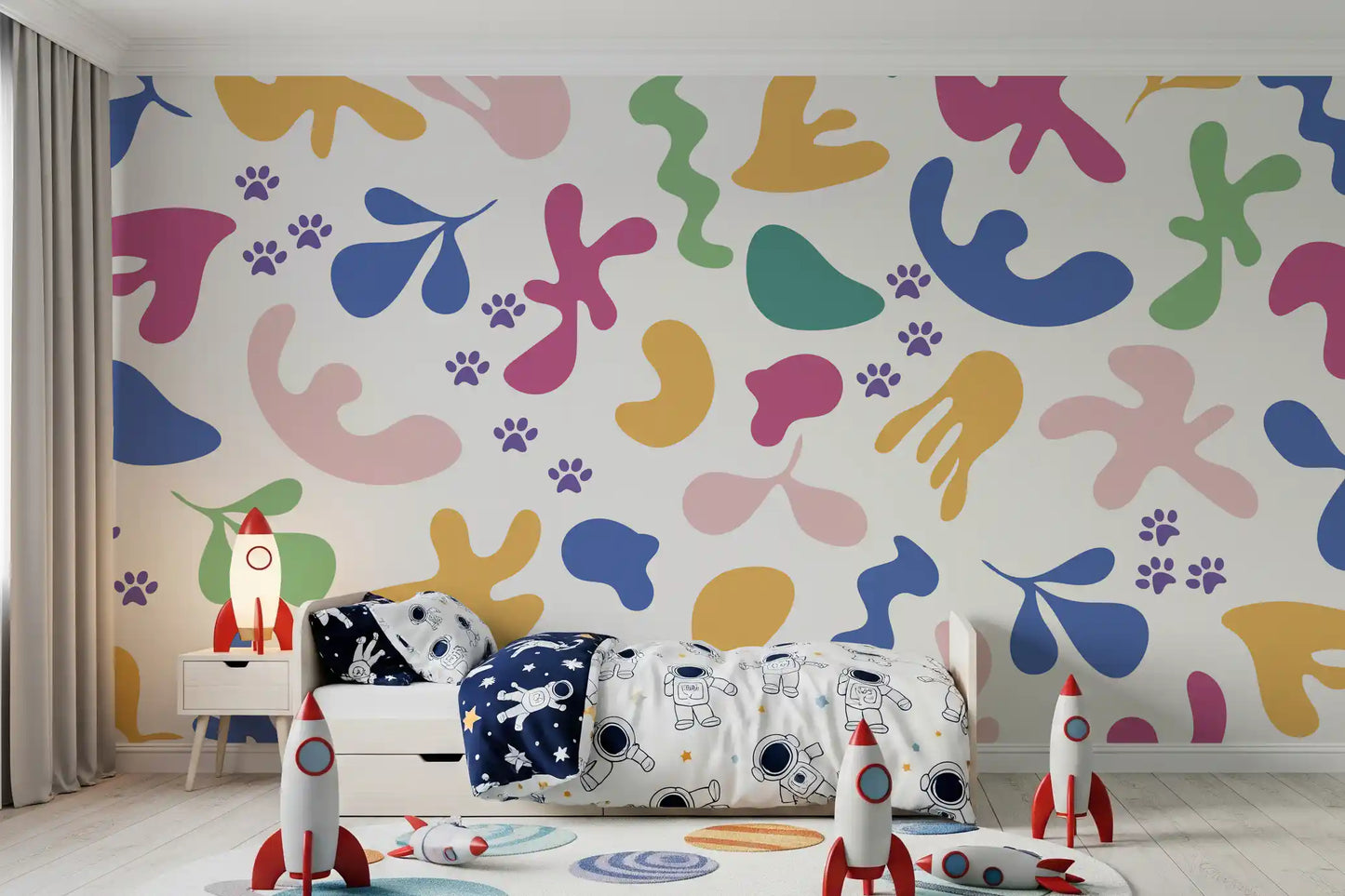 Children room using Whimsical Paws wall mural with scattered abstract shapes