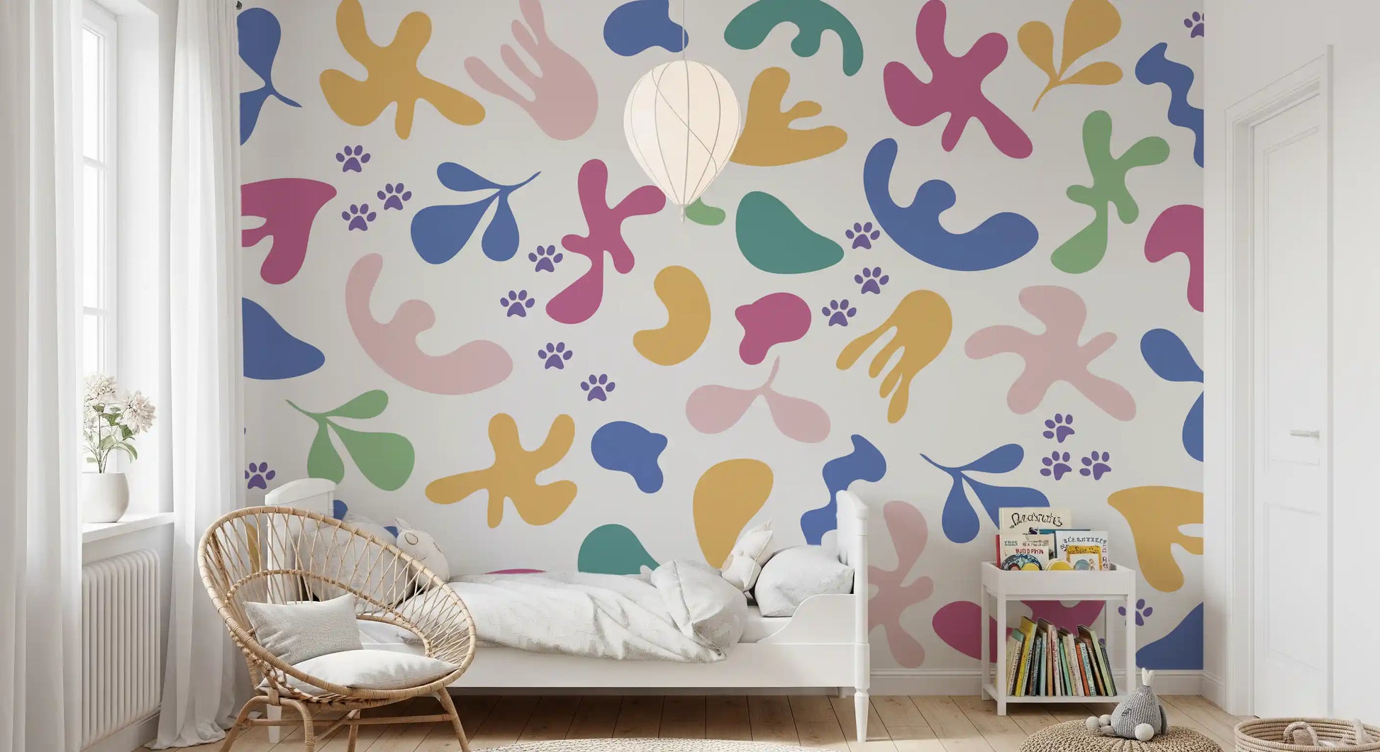 Boys room styled in Whimsical Shapes wall mural with pink blue curved motifs