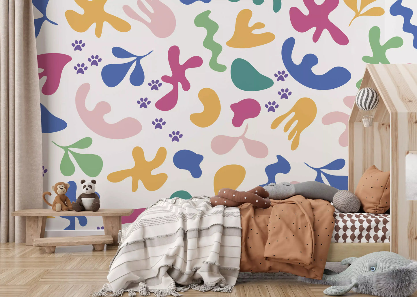 Playful paw marks move through Happy Paws wall mural in a bright repeat