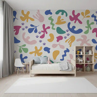 Curved pastel-like forms define Whimsical Shapes wall mural with tiny paw accents