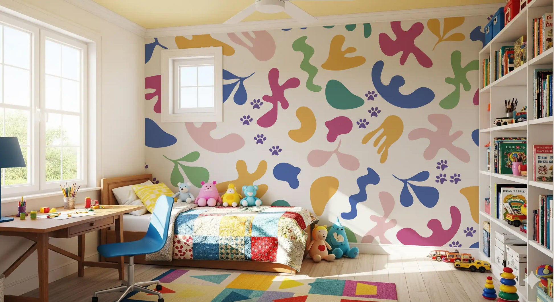Blue pink and yellow shapes fill Whimsical Shapes wall mural beautifully