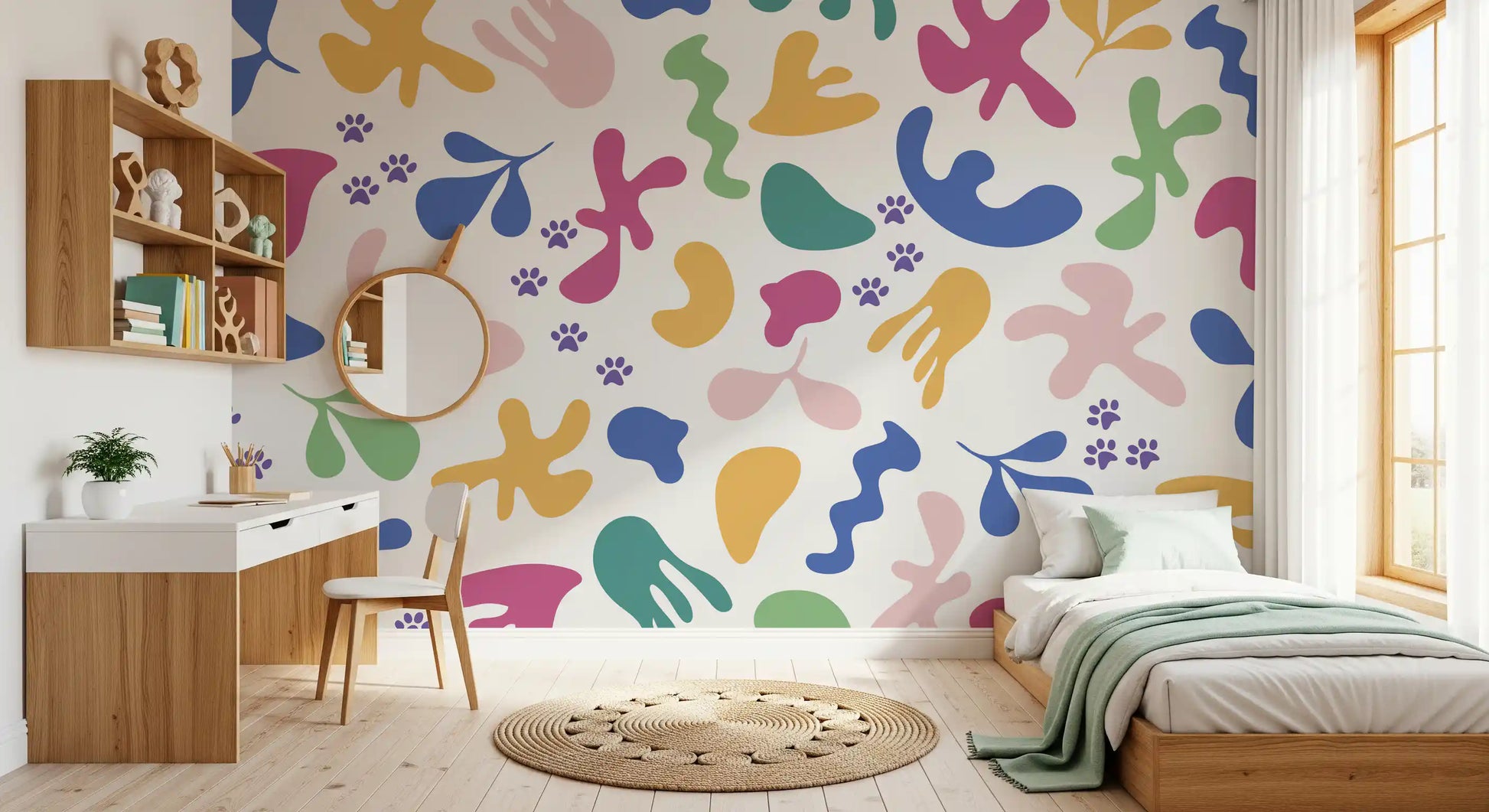 Bedroom wall showing Happy Paws Mural with playful forms and paw prints