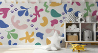 Play area featuring Happy Paws wall mural in soft colorful graphic pattern
