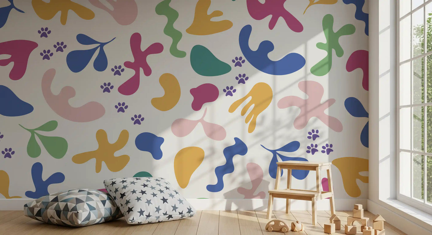 Soft rounded motifs give Whimsical Paws wall mural a cheerful graphic look