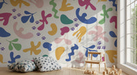 Soft rounded motifs give Whimsical Paws wall mural a cheerful graphic look