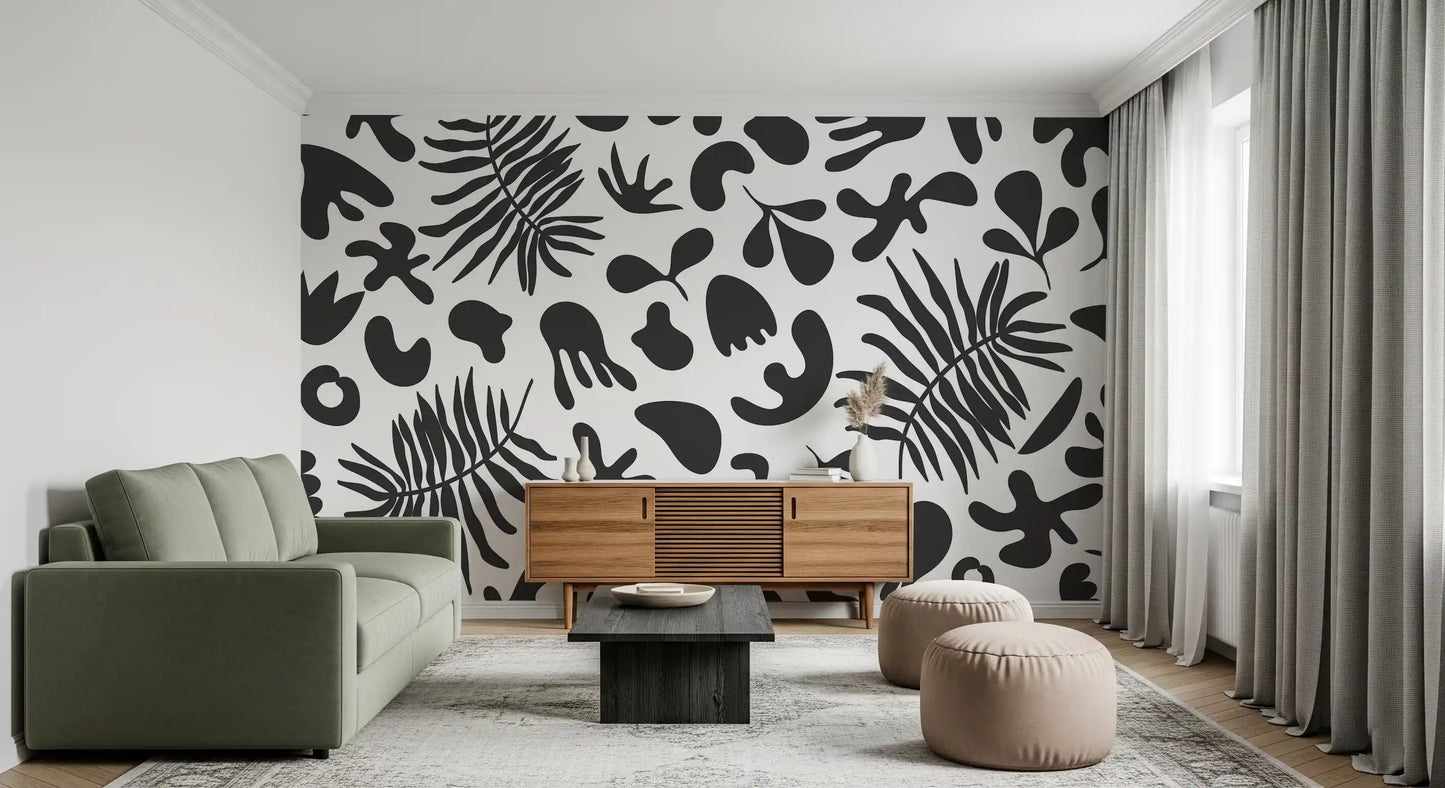 Hallway styled in Foliage Wall Mural with bold monochrome leaves