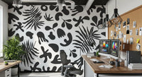 Office showing Abstract Organic Foliage mural in black white tones