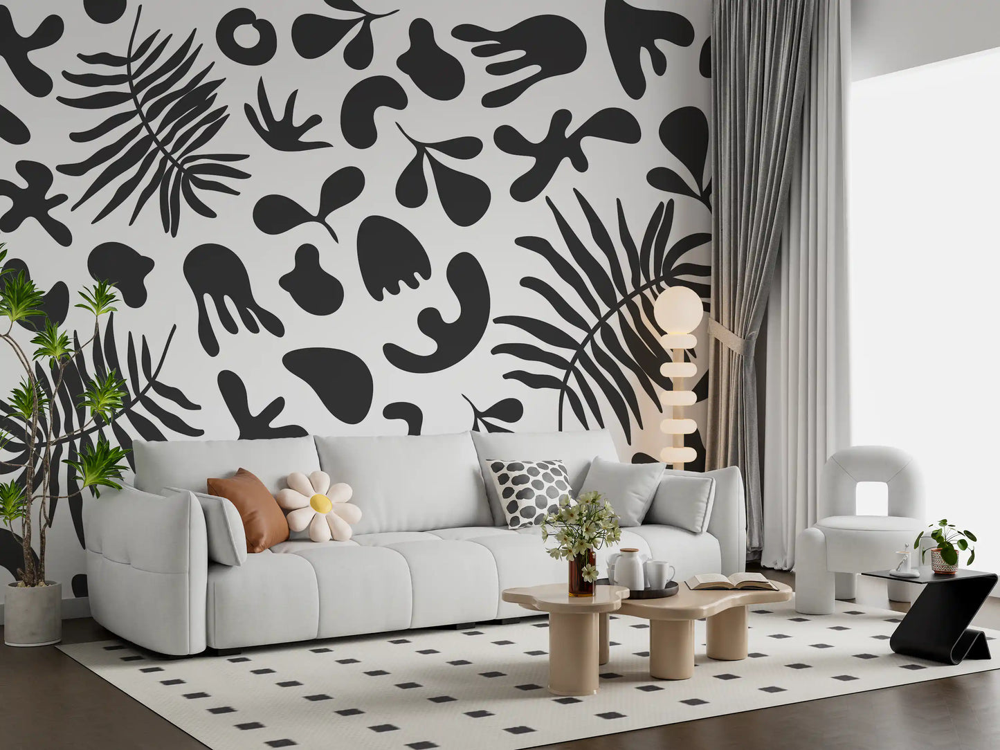 Contemporary Foliage mural in monochrome with flowing botanical forms