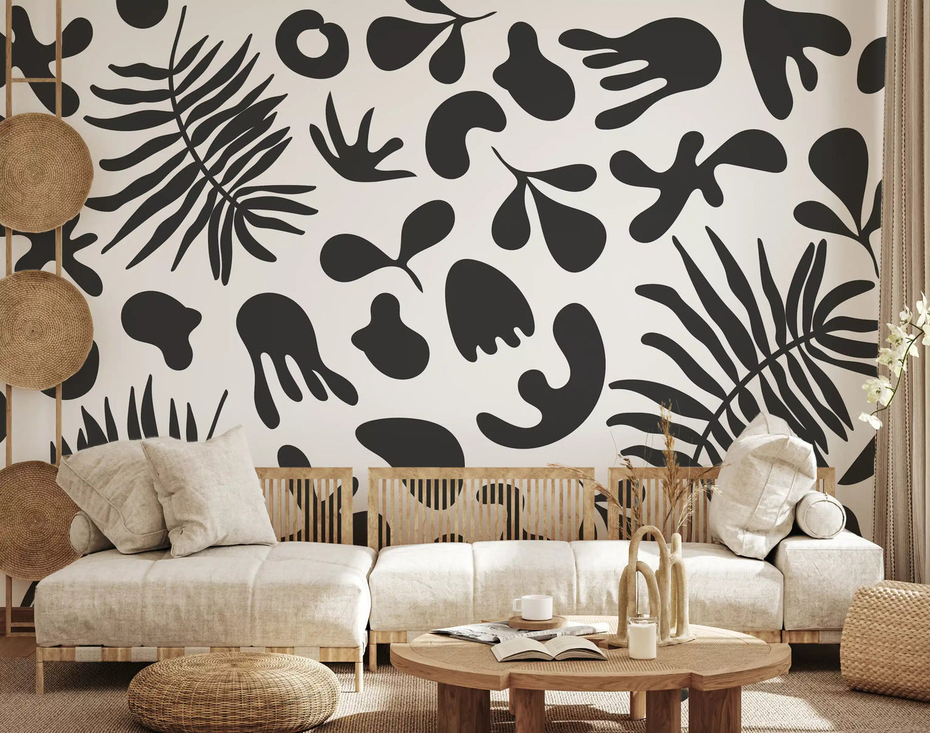 Living room wall with Abstract Organic Black and White wall mural