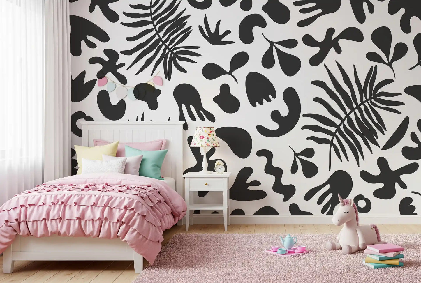 Girls room with Black and White Foliage wall mural pattern
