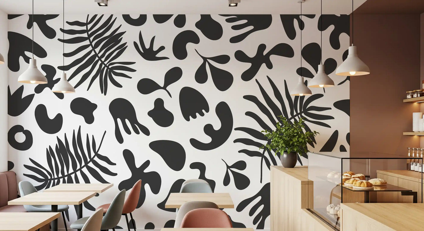 Wall Mural design with Black and White leaf shapes and soft curves