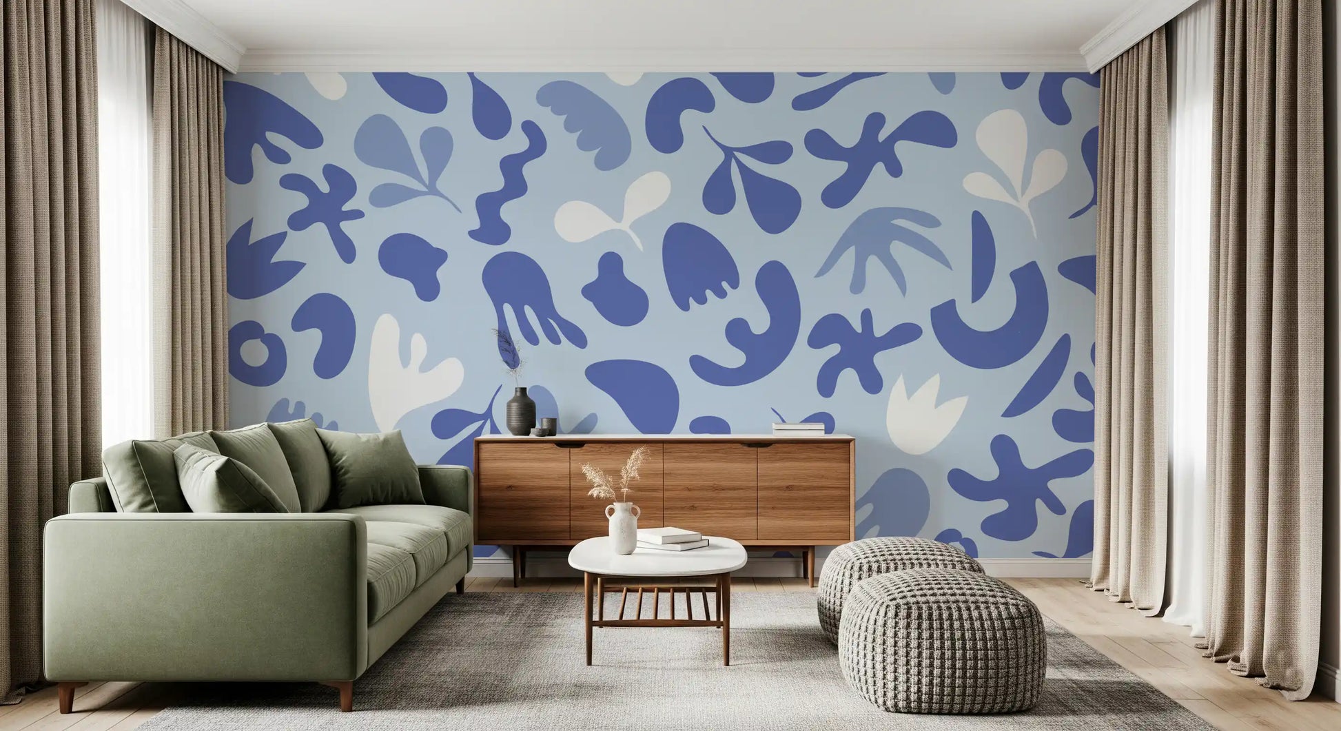 Periwinkle Cut Flow wall mural with layered blue and white forms