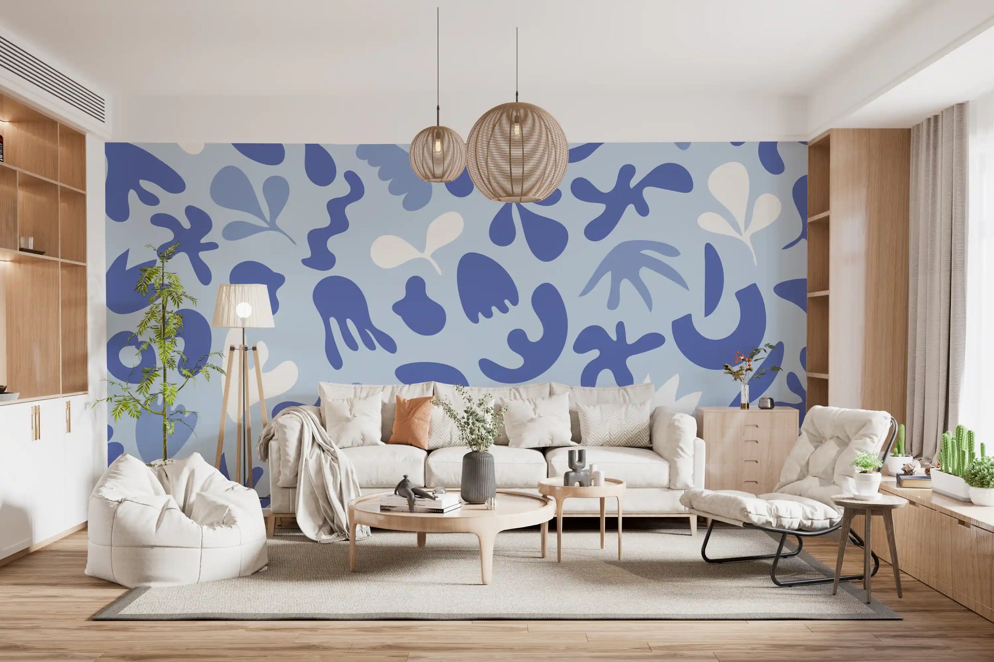 Living room with Periwinkle Cut Flow wall mural in soft abstract forms