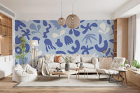 Living room with Periwinkle Cut Flow wall mural in soft abstract forms