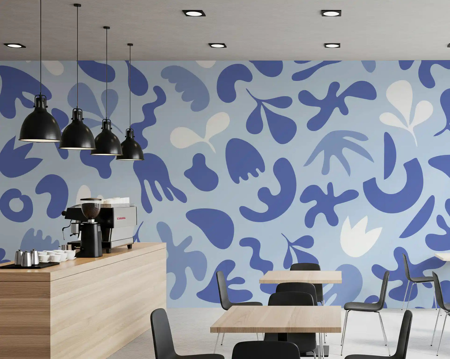 Cafe area showing Periwinkle Cut Flow wall mural in fluid shapes
