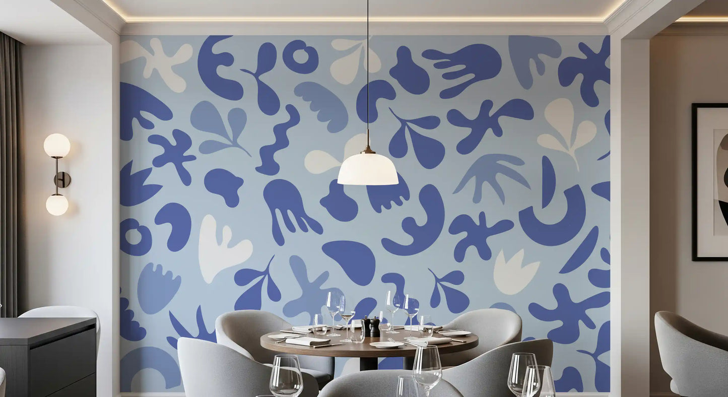 Cafe area with Periwinkle wall mural and organic abstract detail