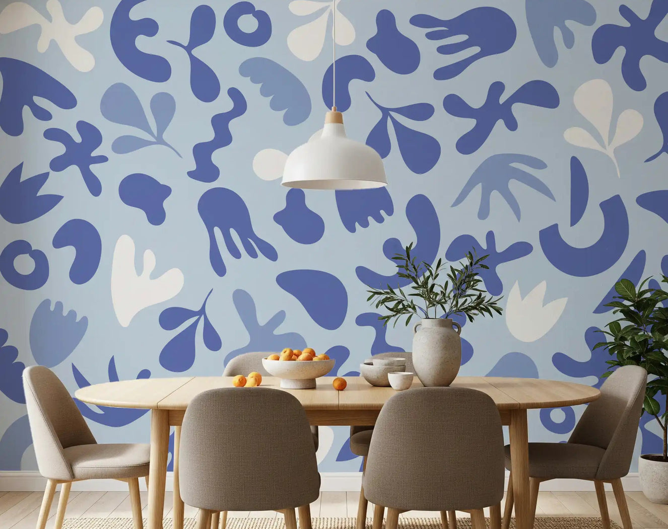 Soft blue Periwinkle wall mural with playful cutout-inspired pattern