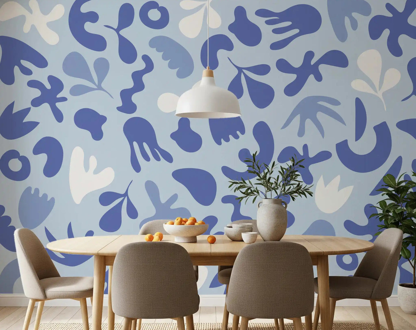 Soft blue Periwinkle wall mural with playful cutout-inspired pattern