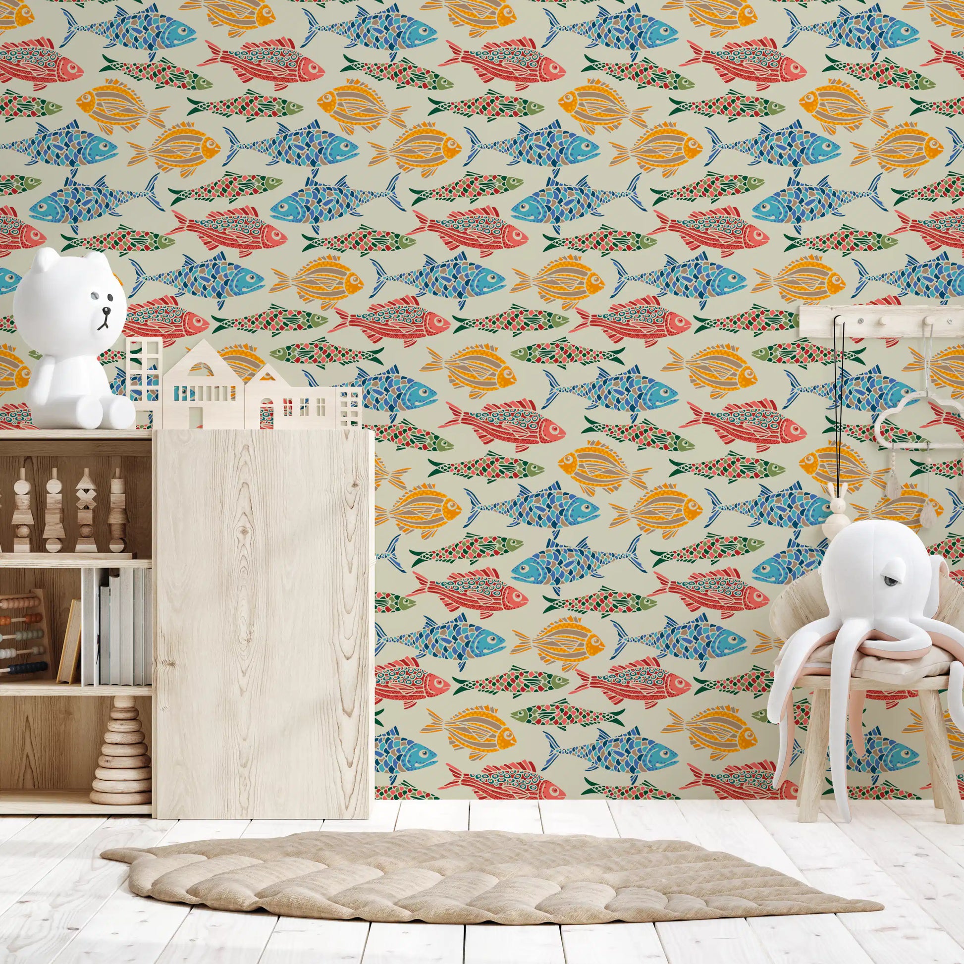 Kids room featuring Mediterranean Sea wallpaper in multicolored fish print