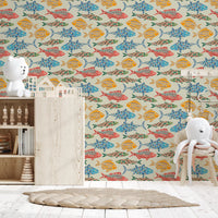 Kids room featuring Mediterranean Sea wallpaper in multicolored fish print