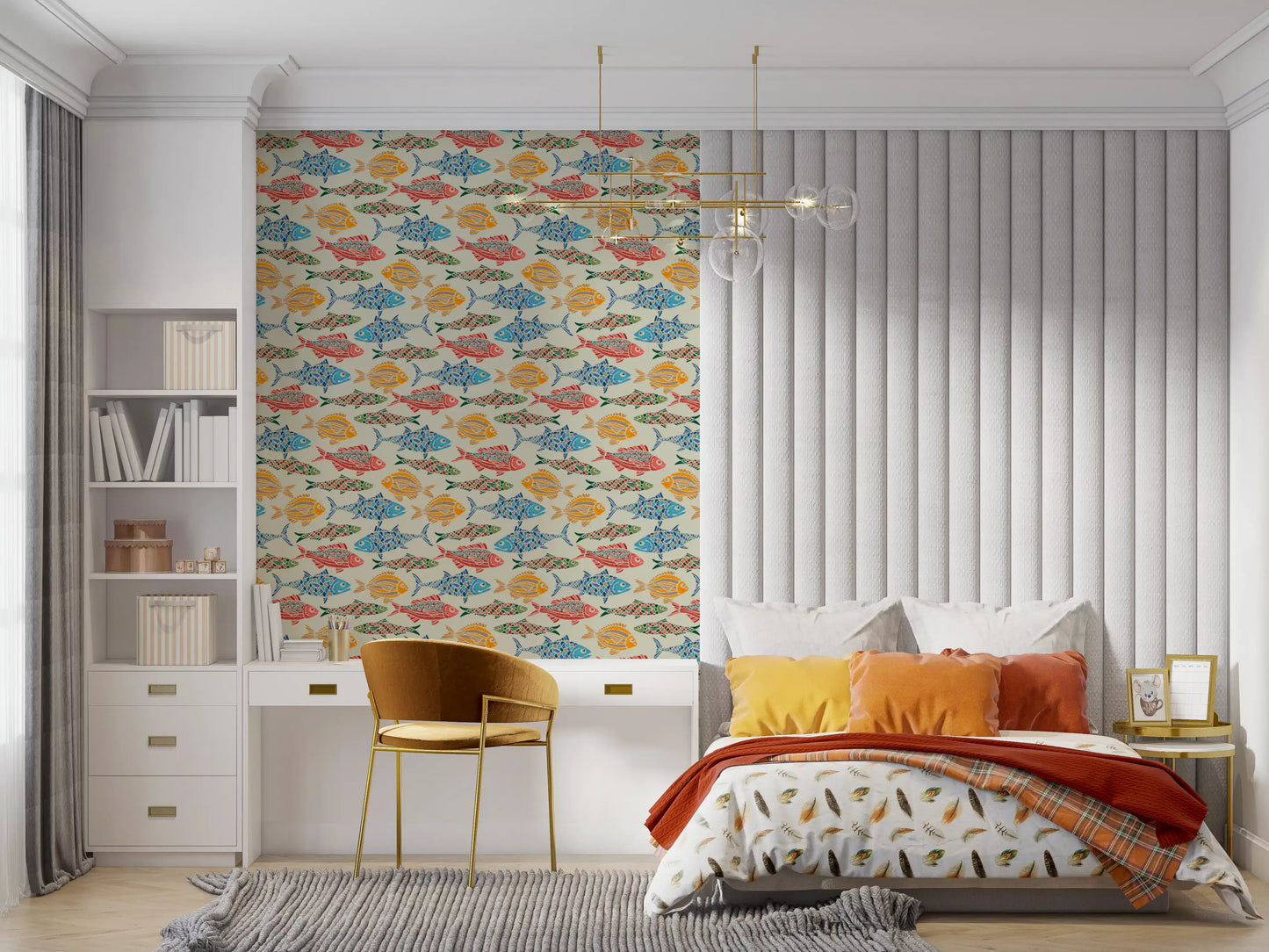 Bedroom with Bright Fish wallpaper and blue green sea pattern