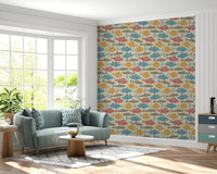 Coastal wallpaper with Mediterranean Sea fish in bright tones