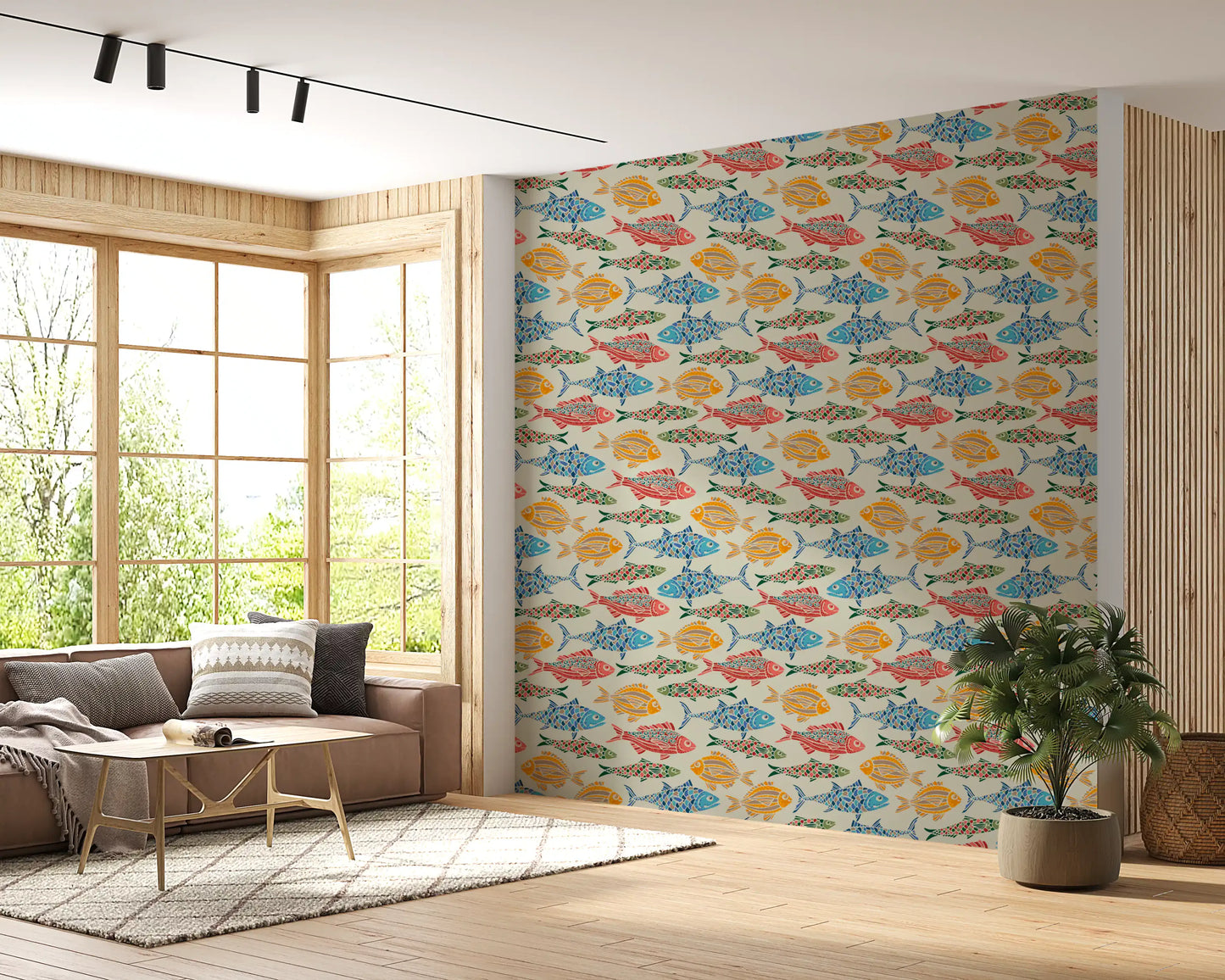 Living room styled in Sea Fish wallpaper with red blue yellow tones