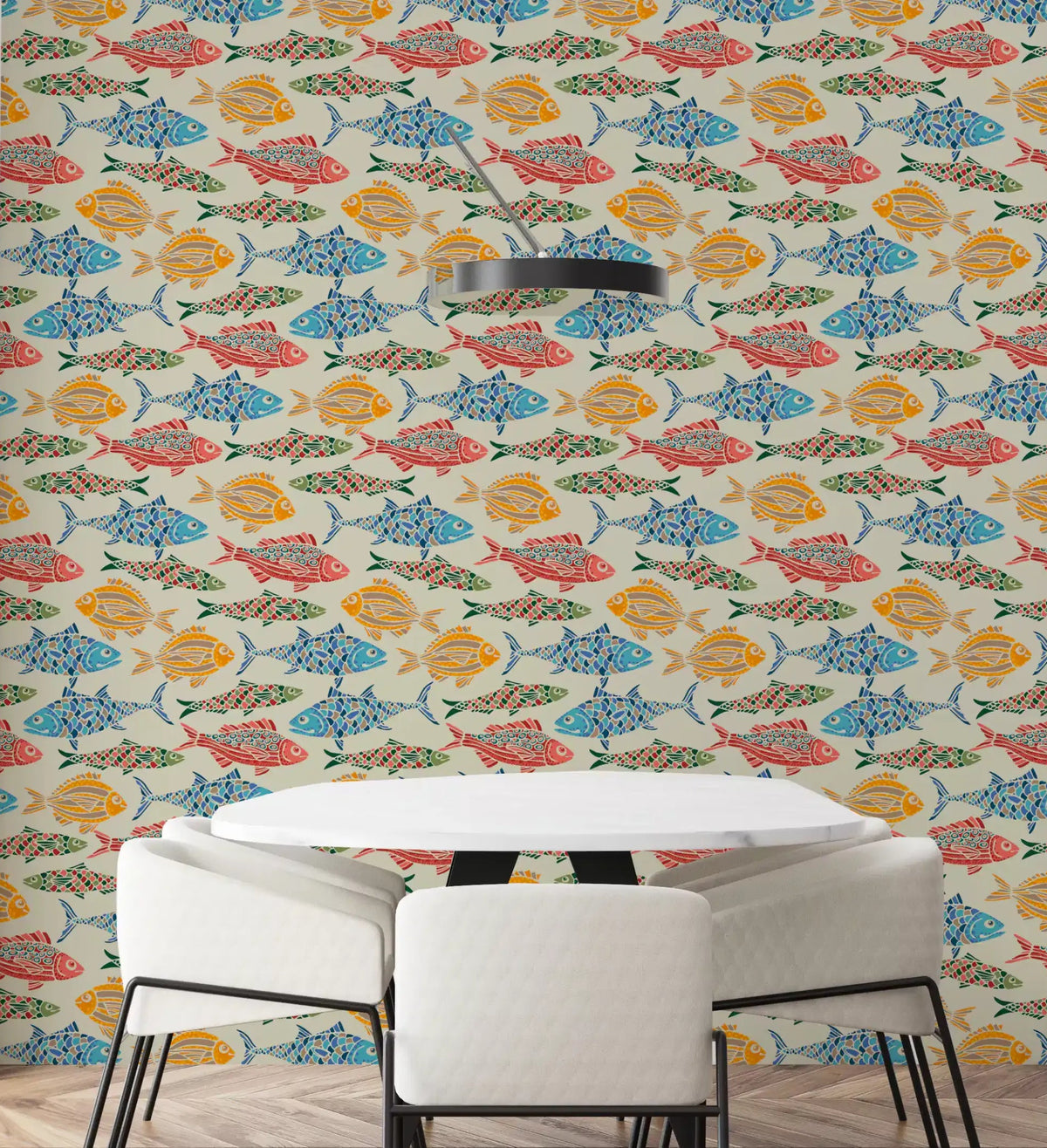 Office cafe area wall using Mediterranean Fish wallpaper in vivid colours