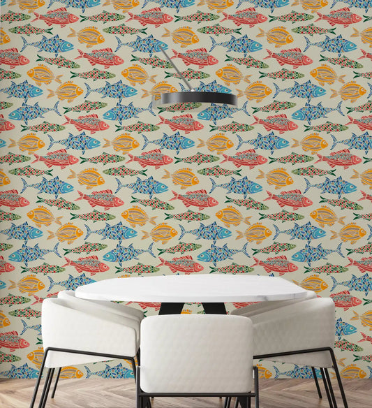 Office cafe area wall using Mediterranean Fish wallpaper in vivid colours