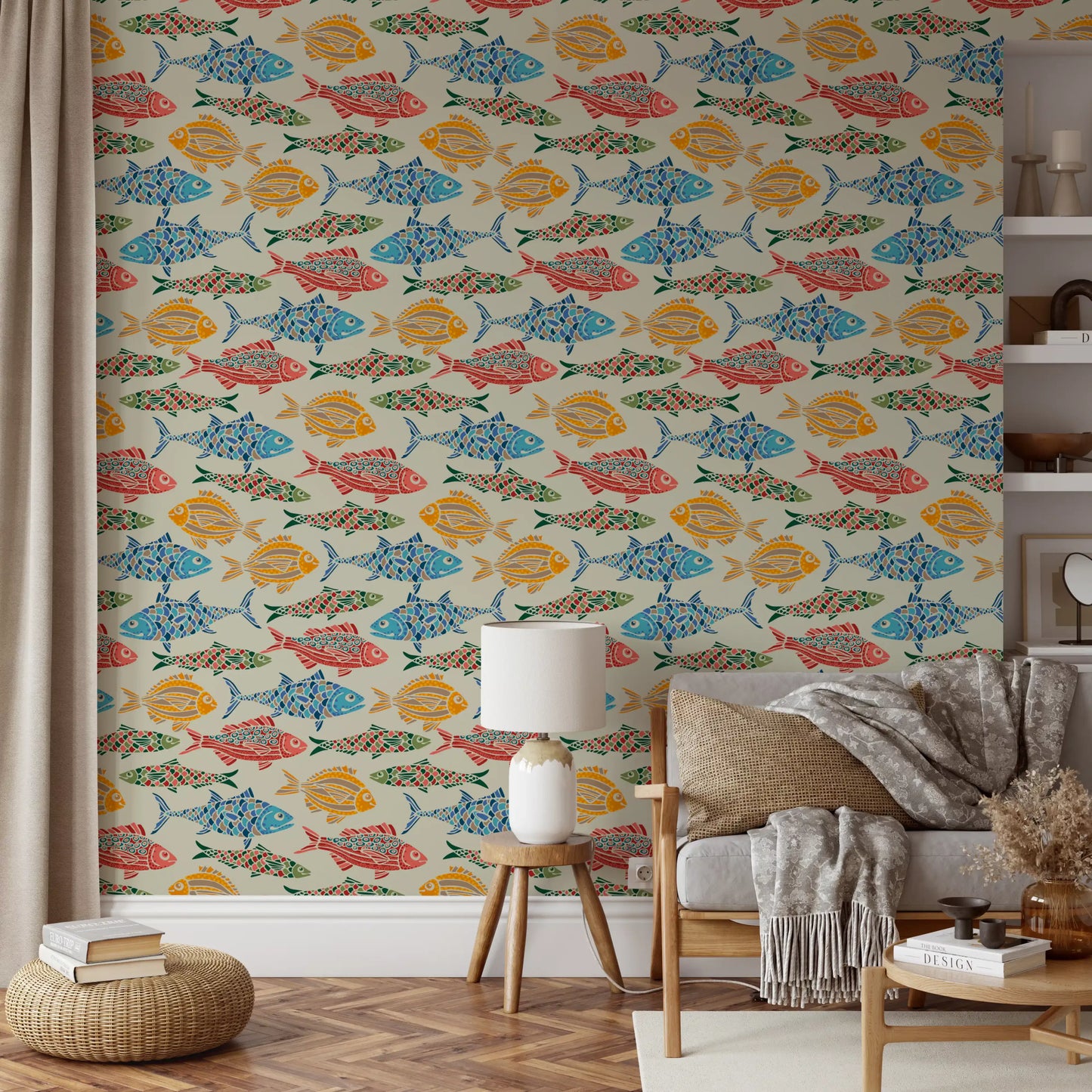 Hallway with Mediterranean Sea Fish and Bright Multicolored fish.