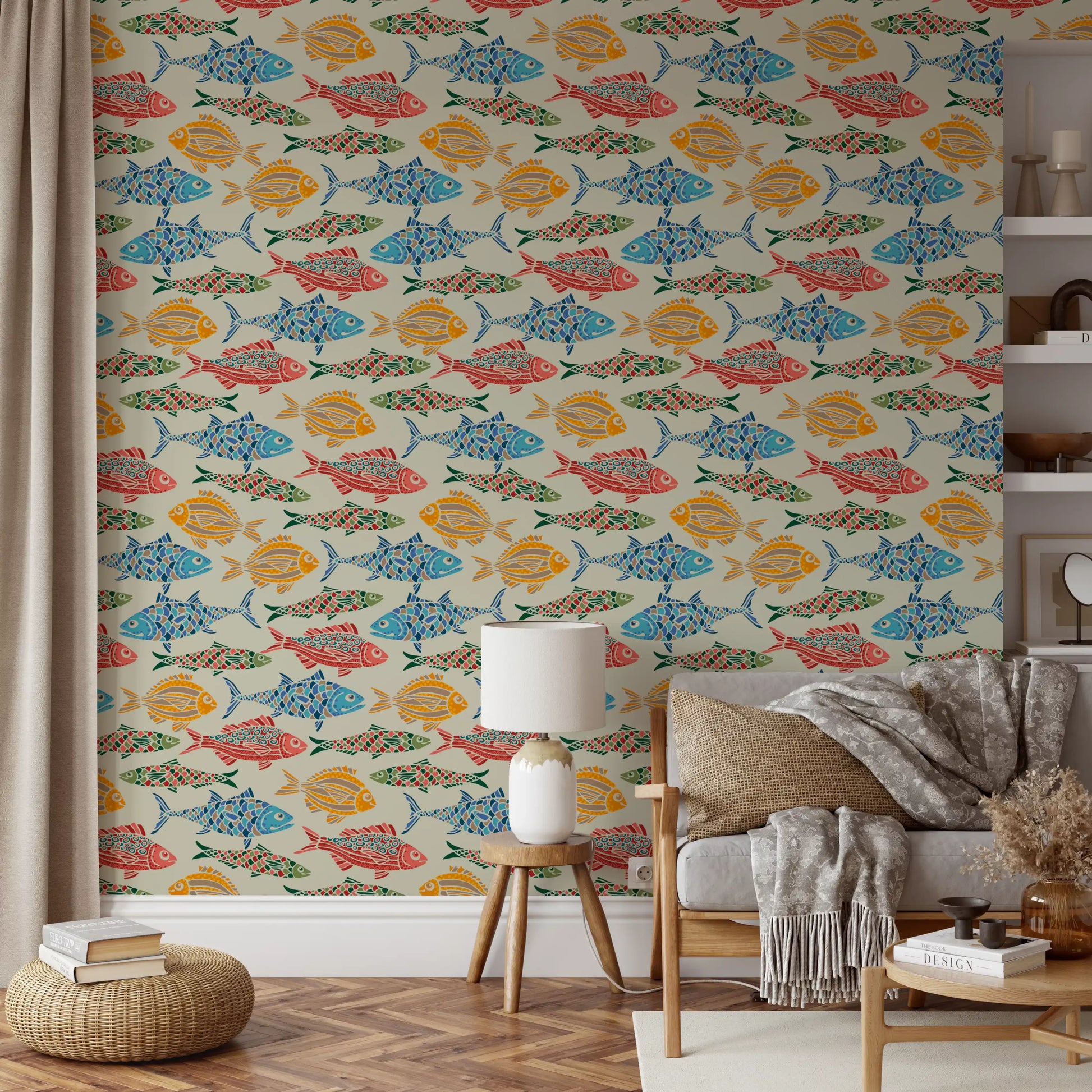 Hallway with Mediterranean Sea Fish and Bright Multicolored fish.