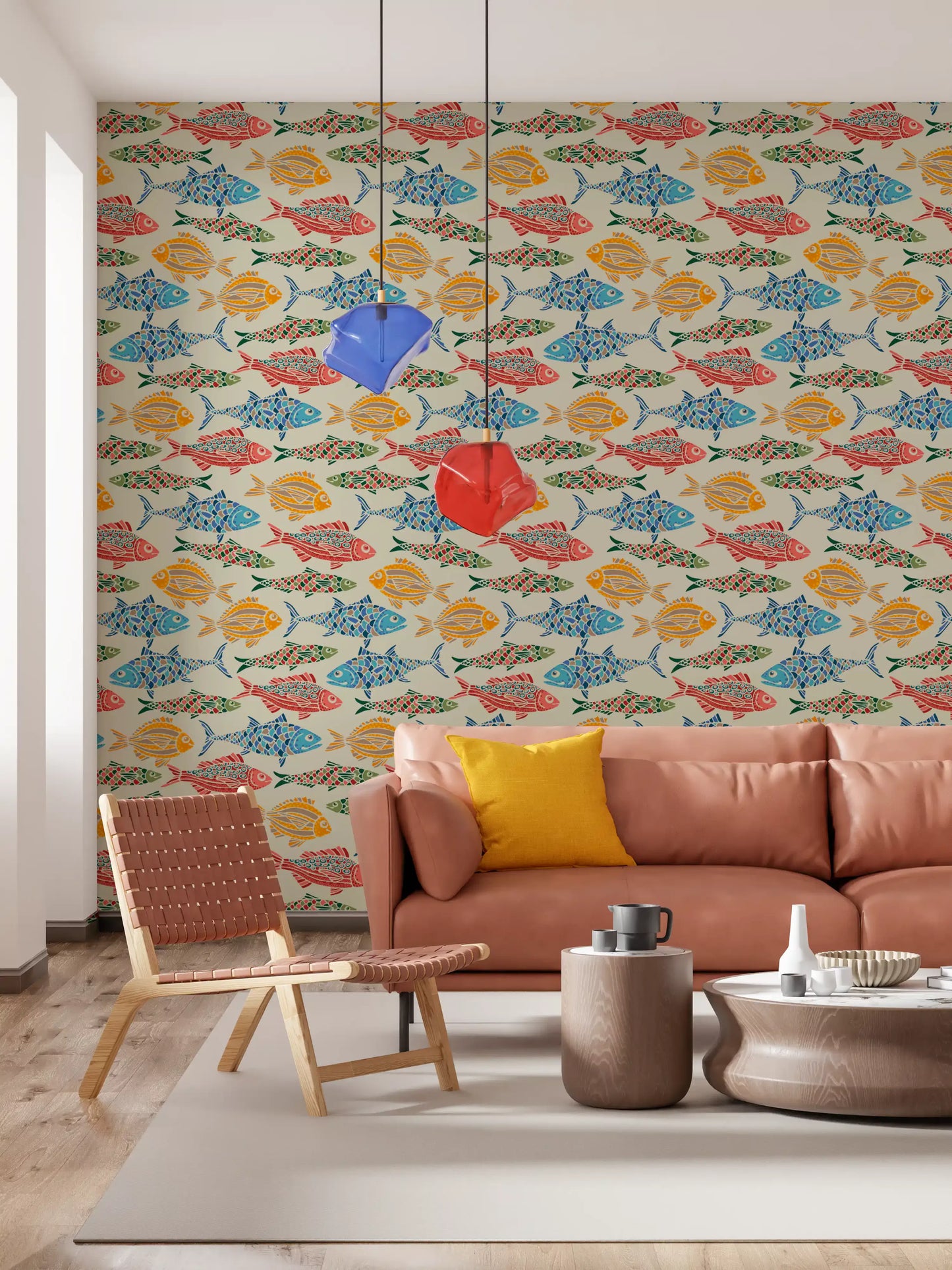 Red Blue Green Yellow wallpaper with playful Sea Fish motifs