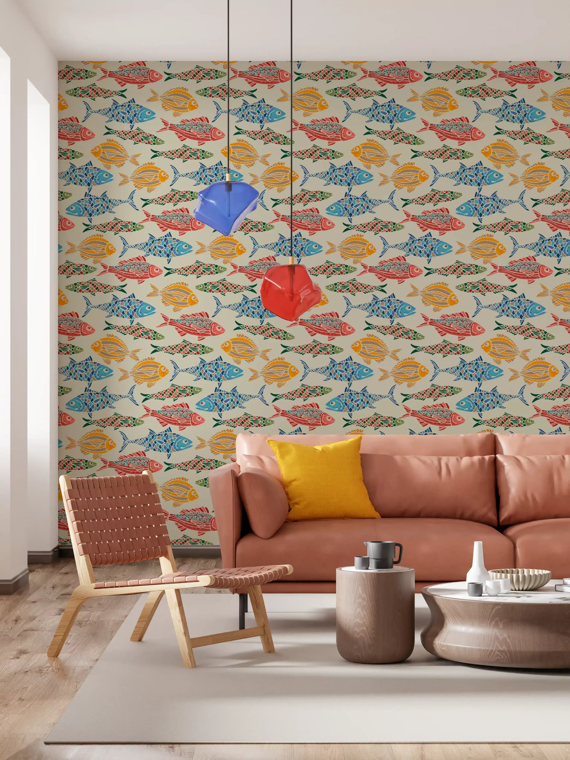 Red Blue Green Yellow wallpaper with playful Sea Fish motifs