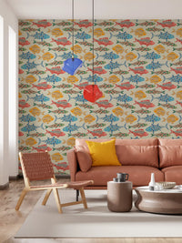 Red Blue Green Yellow wallpaper with playful Sea Fish motifs