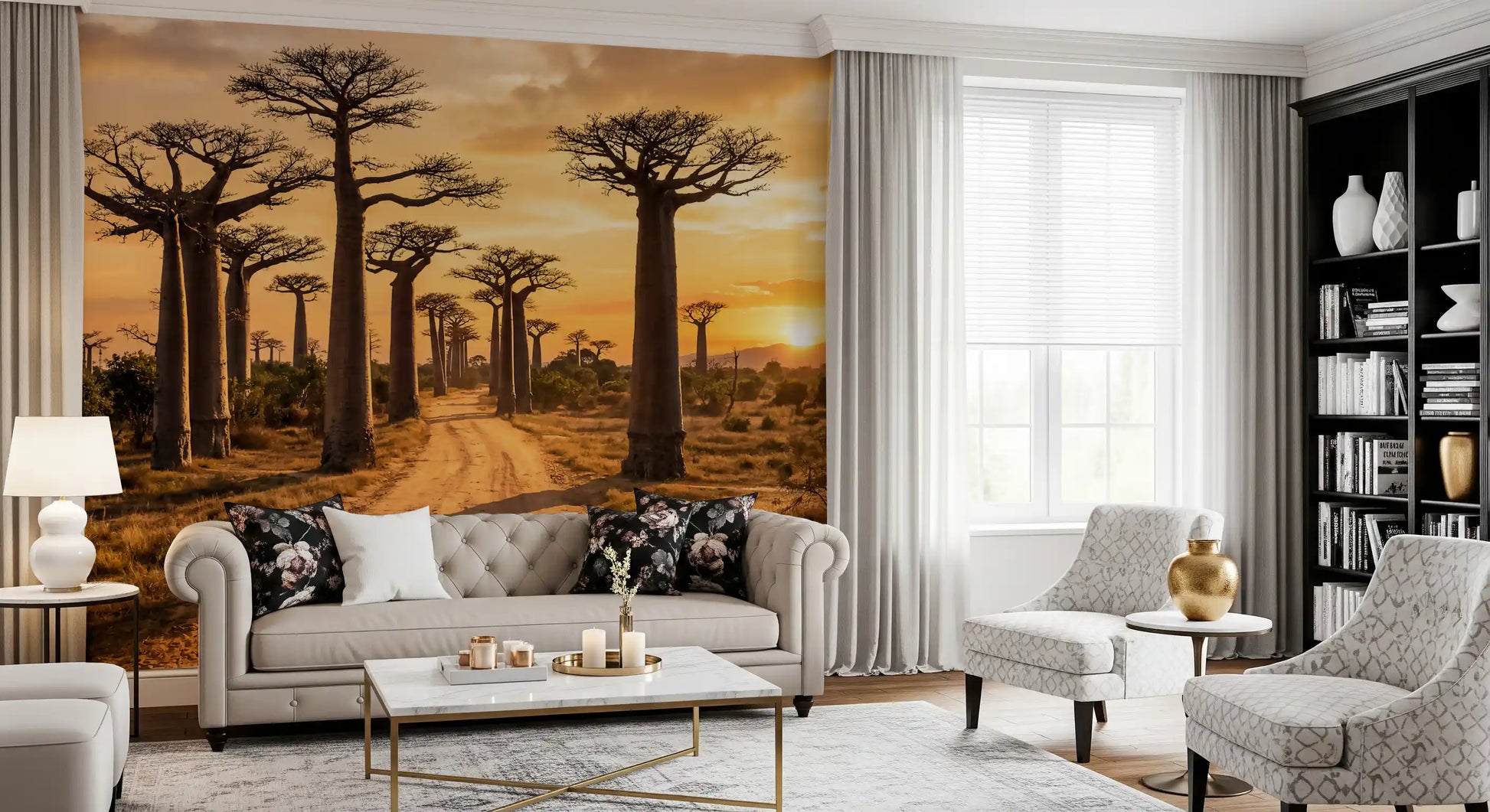 Living room with Golden Baobab Path wall mural sunlit tree landscape