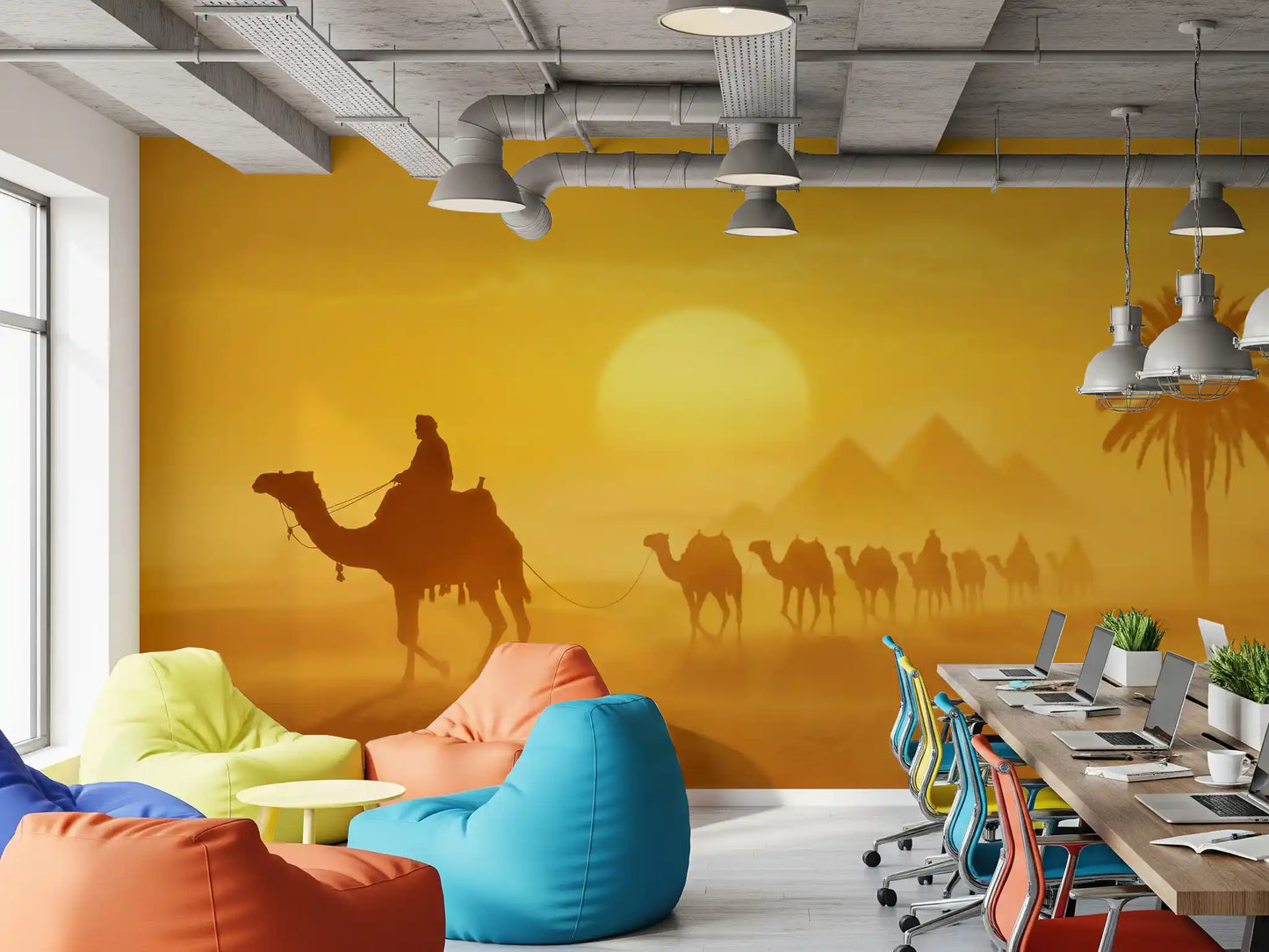 Sands of Time wall mural featuring long caravan and palm silhouette