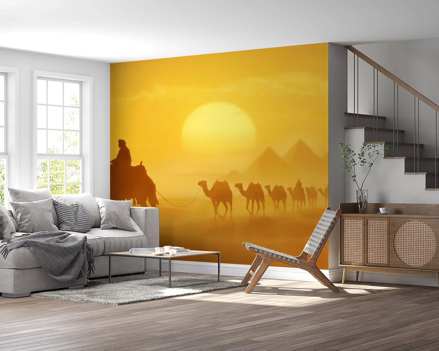 Living room wall setup with Sands of Time wall mural golden sand dunes