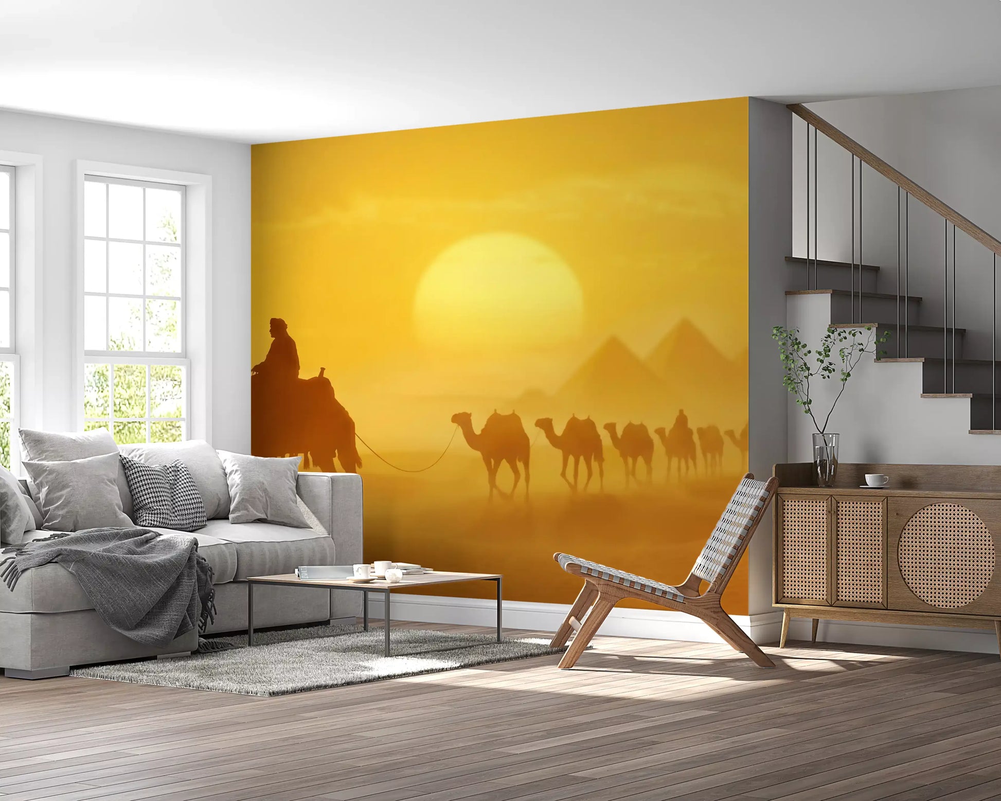 Living room wall setup with Sands of Time wall mural golden sand dunes