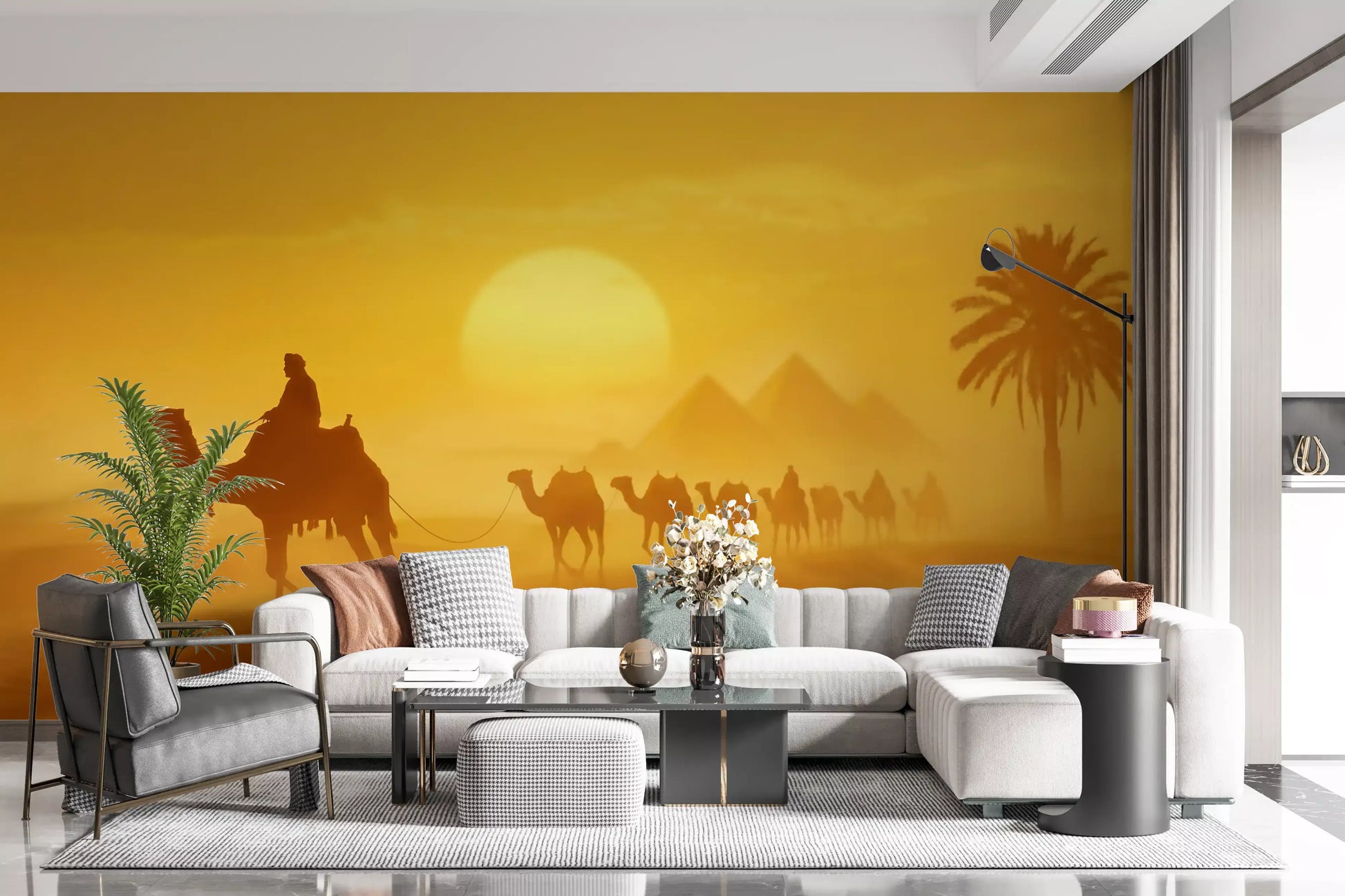 Sands of Time wall mural with camel caravan and glowing desert sun