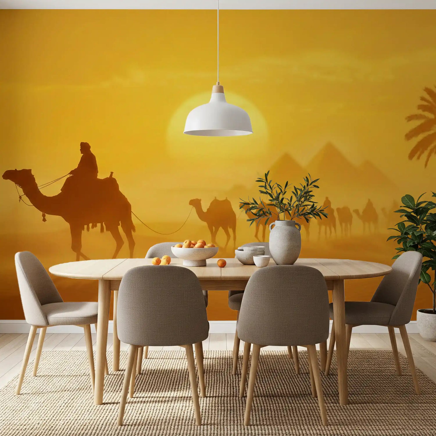 Dining room with Sands of Time wall mural golden desert caravan scene