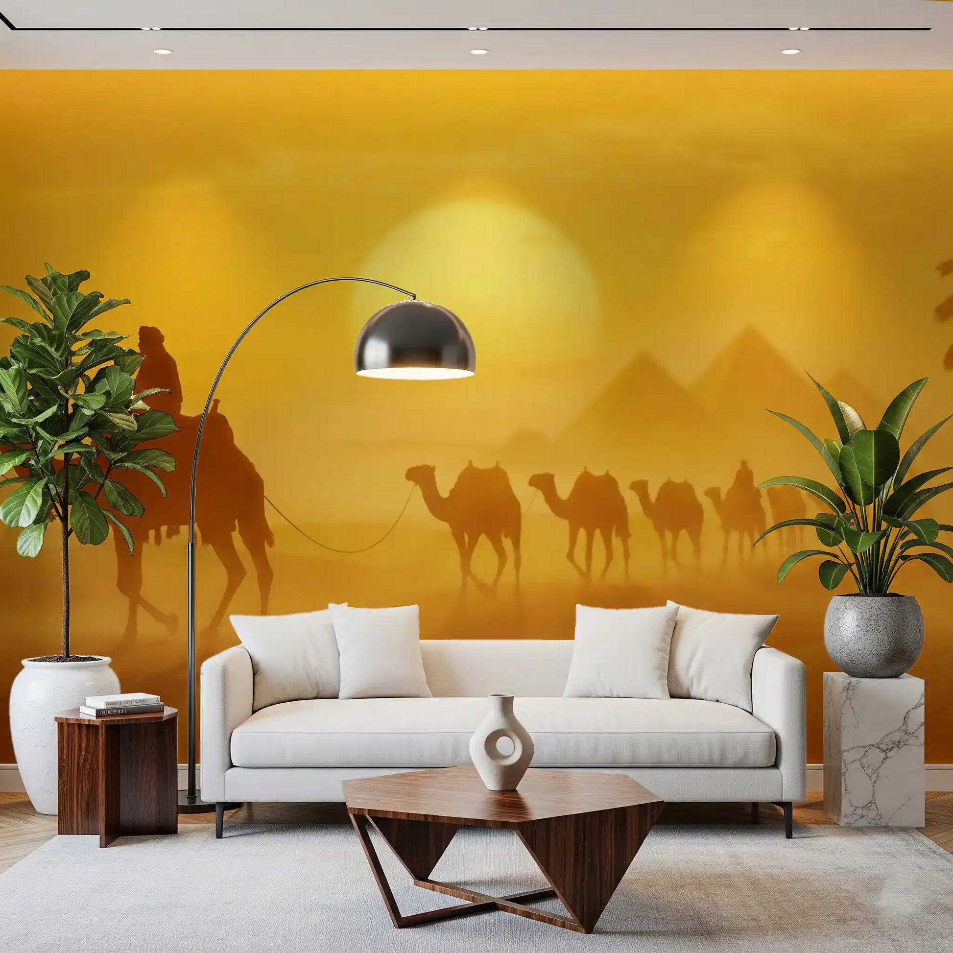 Scenic desert wall mural with golden light and layered dunes