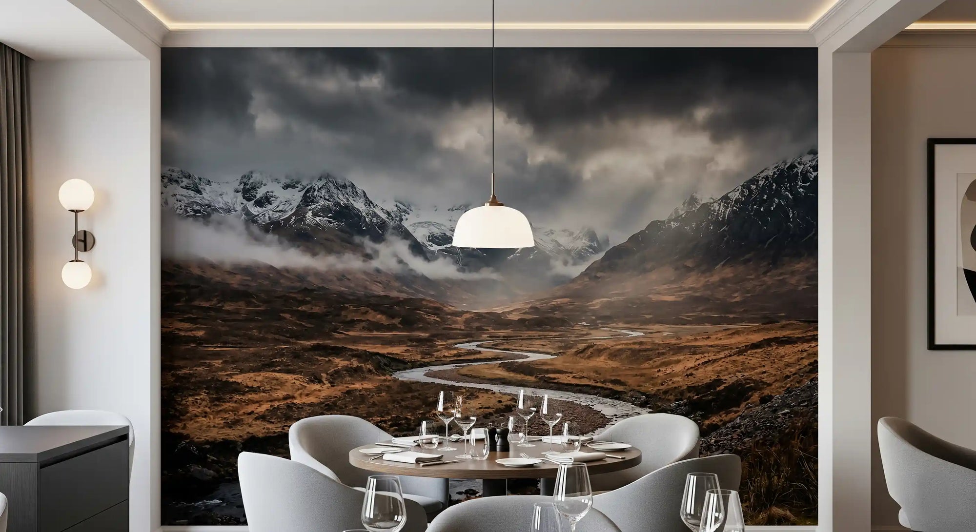 Dining room with Highlands Dramatic Embrace wall mural mountain river view