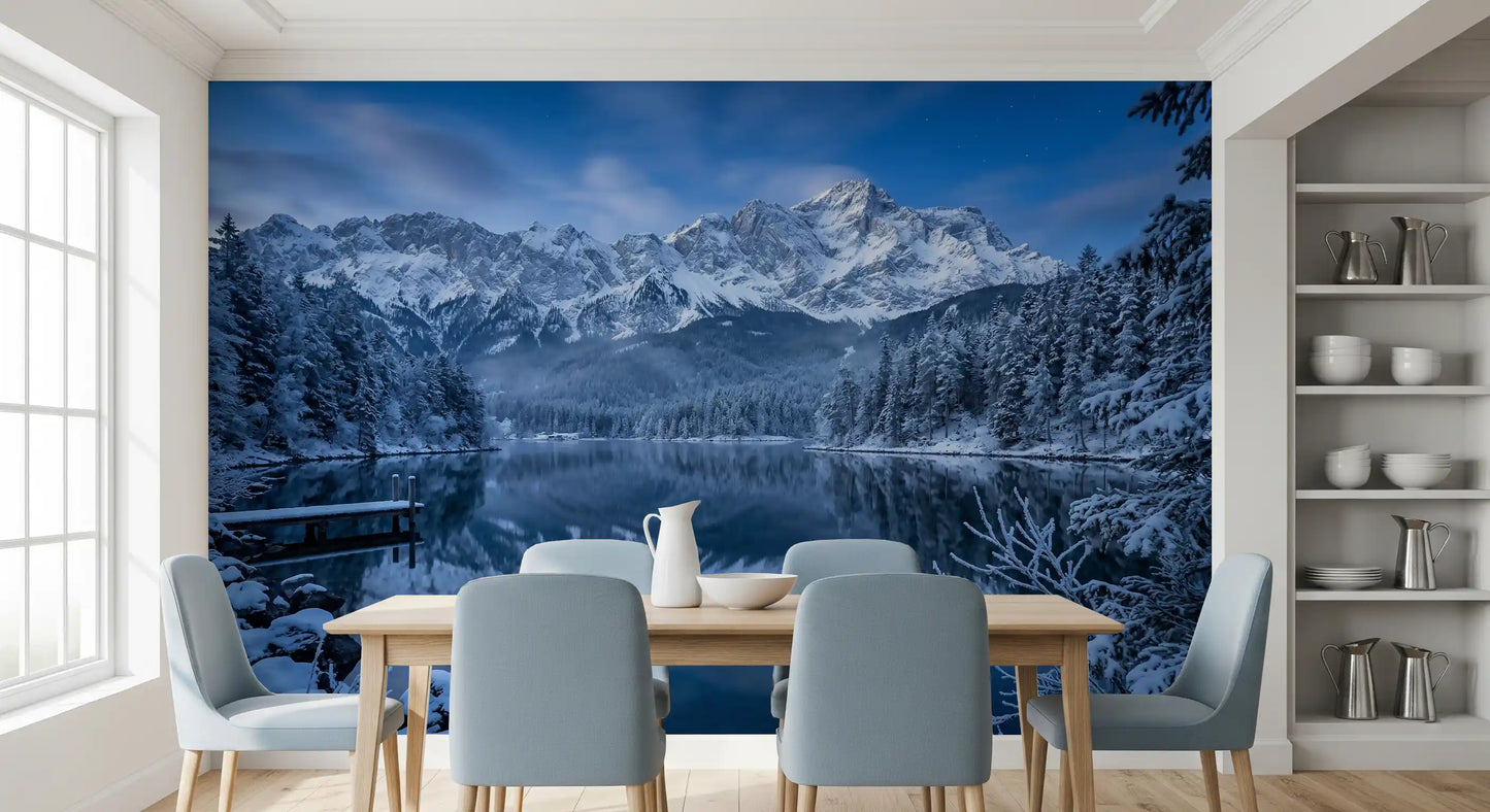 Alpine Winter Reflection Wall Mural with a wooden pier and snow.
