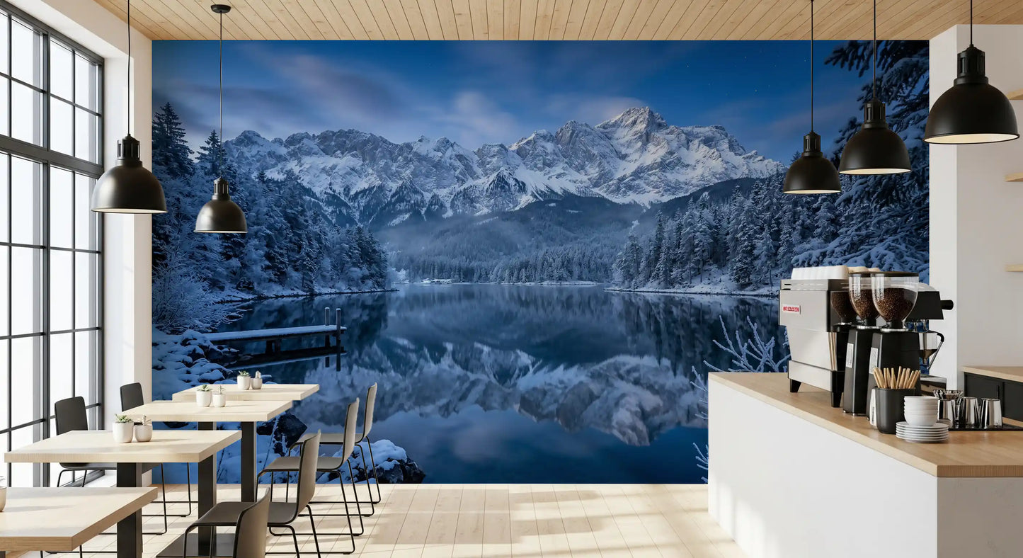 Dining room with Alpine Winter Reflection Wall Mural snowy peaks.